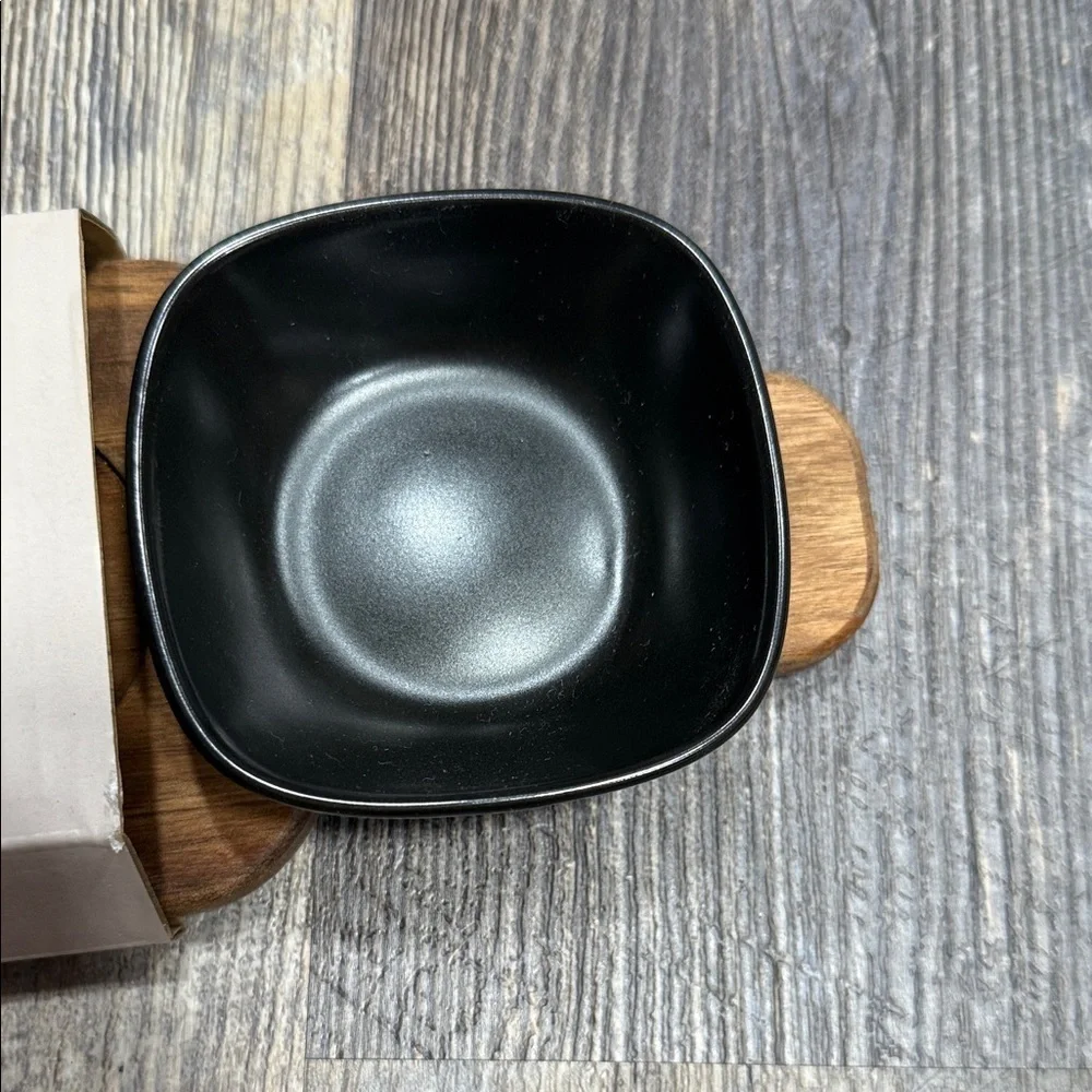 Wooden Serving Tray with Black Bowls